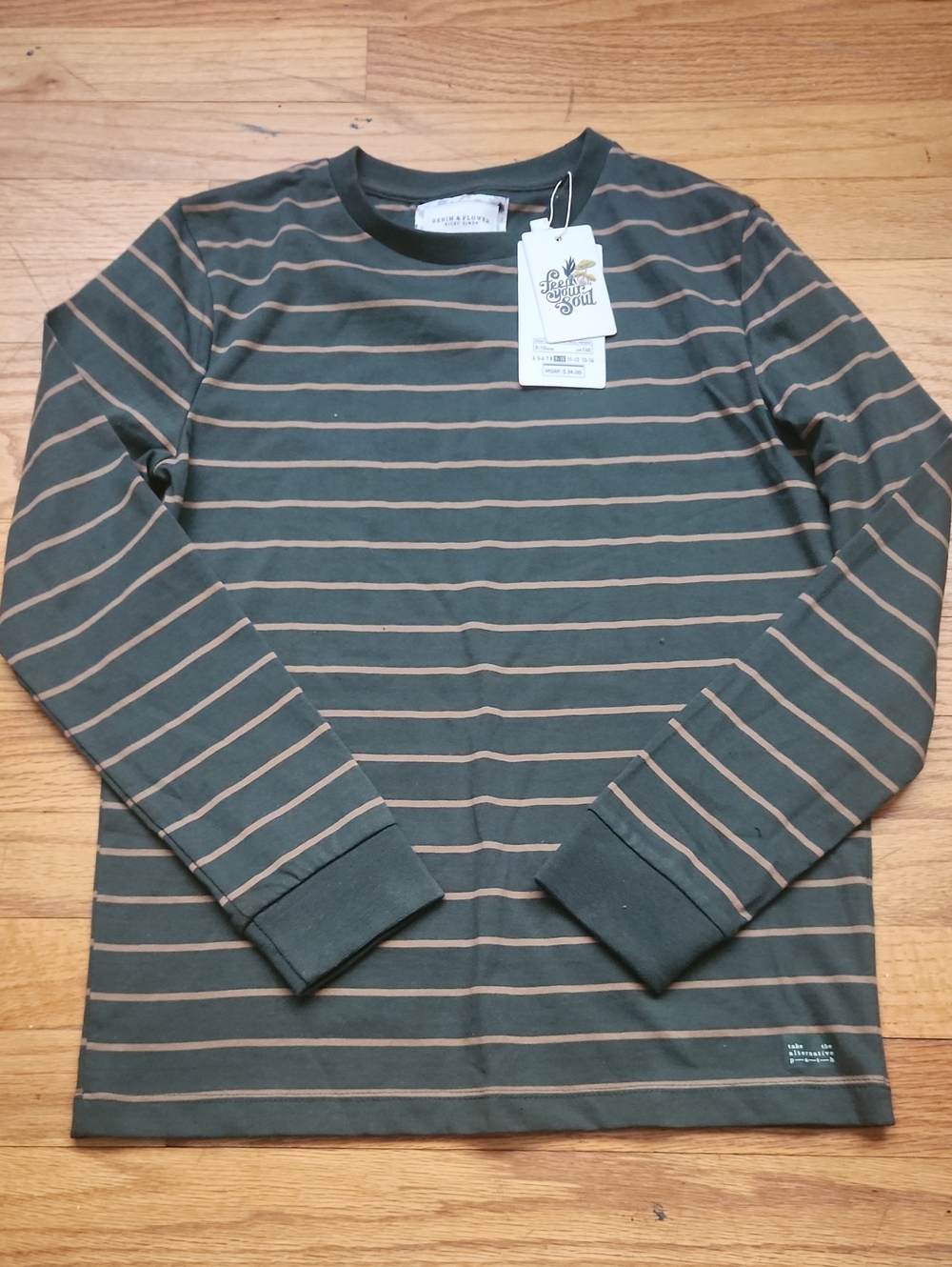 NWT Boys Denim & Flower Green/tan Stripe Long-Sleeve Shirt 9-10